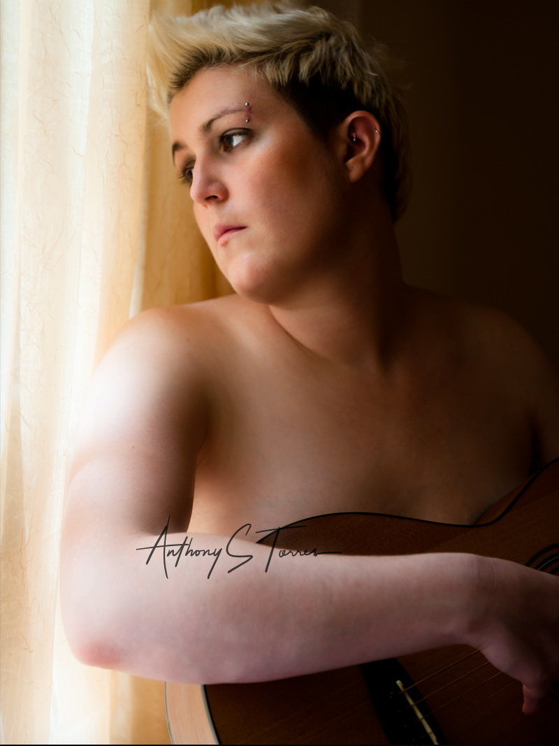 Kristie, acoustic guitar, window light boudoir